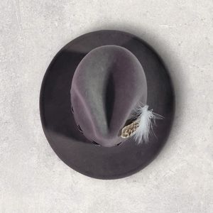 Grey fedora hat with added feather
